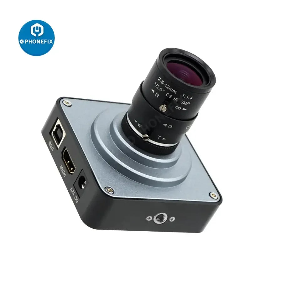 PhoneFix 38MP HDMI live streaming camera with 2.8-12mm F1.4 lens for industry use, capturing high-resolution video.