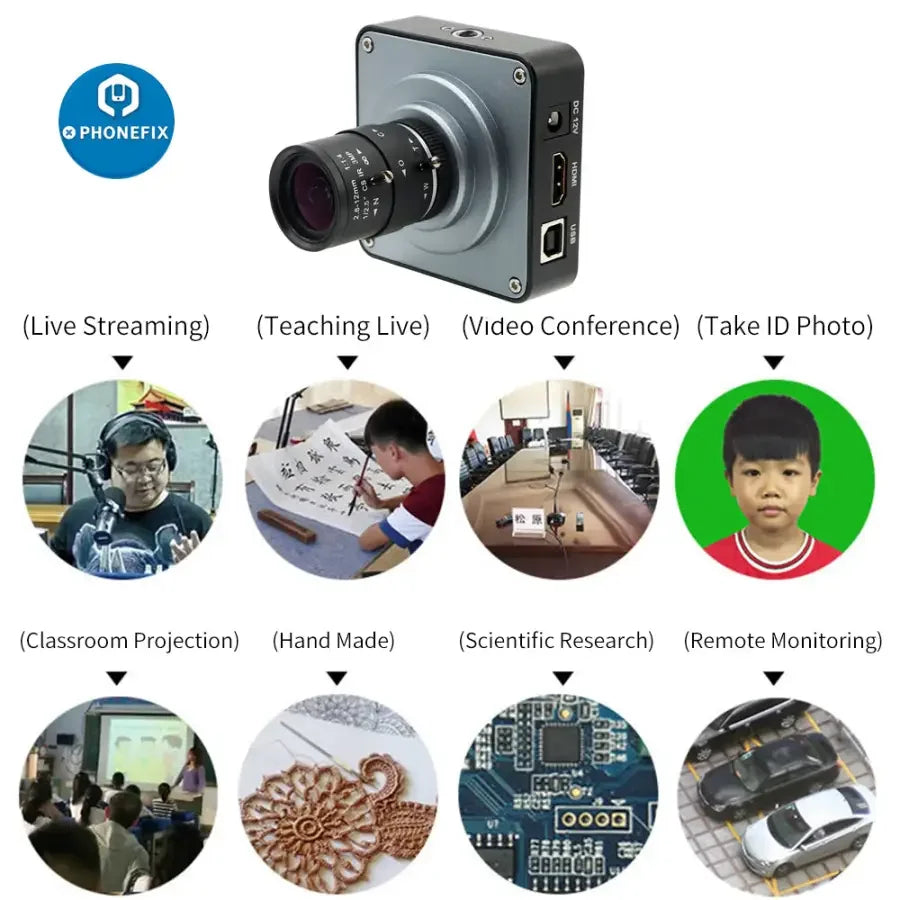 PHONEFIX 38MP HDMI live streaming camera with 2.8-12mm F1.4 lens, 3800W power, designed for industry and professional video recording.