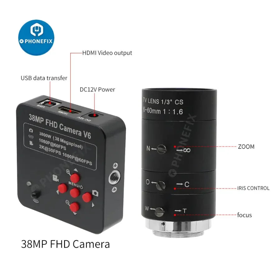 PhoneFIX 38MP HDMI live streaming camera with 6-60mm F1.6 lens, 60FPS digital industry camera for professional video recording