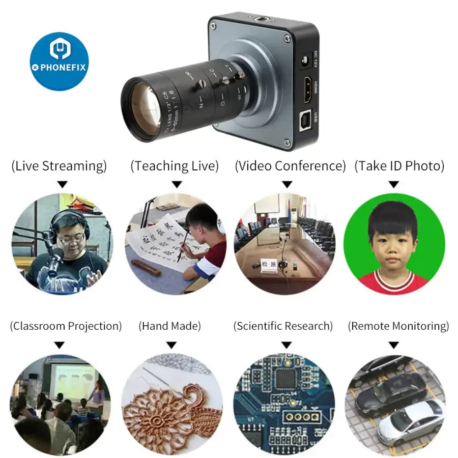 PHONEFIX 38MP HDMI live streaming camera with 6-60mm F1.6 lens, 60FPS digital industry camera for high-quality video.
