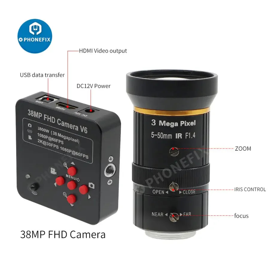 PHONEFIX 38MP HDMI USB live streaming camera with 5.0-50mm F1.4 lens, 60FPS, ideal for industry and professional video recording