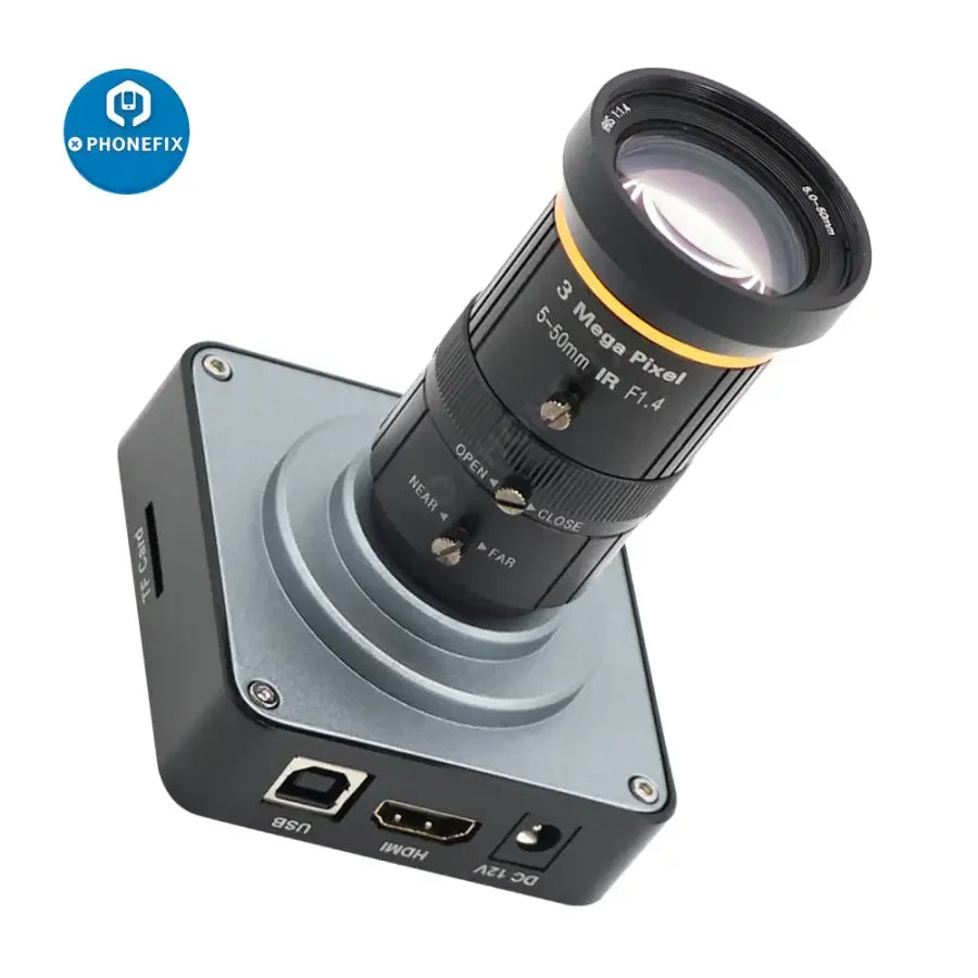 PHONEFIX 38MP HDMI USB live streaming camera with 5-50mm F1.4 lens, 60FPS, ideal for industry and professional video recording.