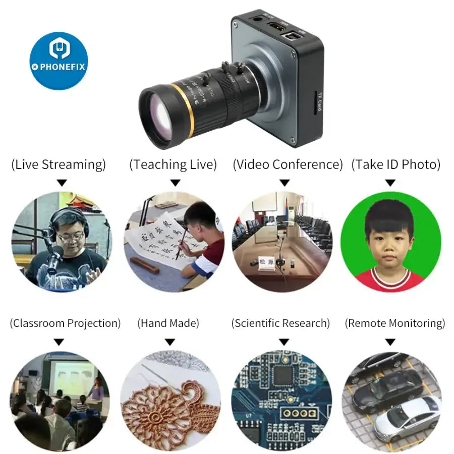 PHONEFIX 38MP HDMI USB live streaming camera with 5.0-50mm F1.4 lens, high-resolution industry-grade video camera for streaming
