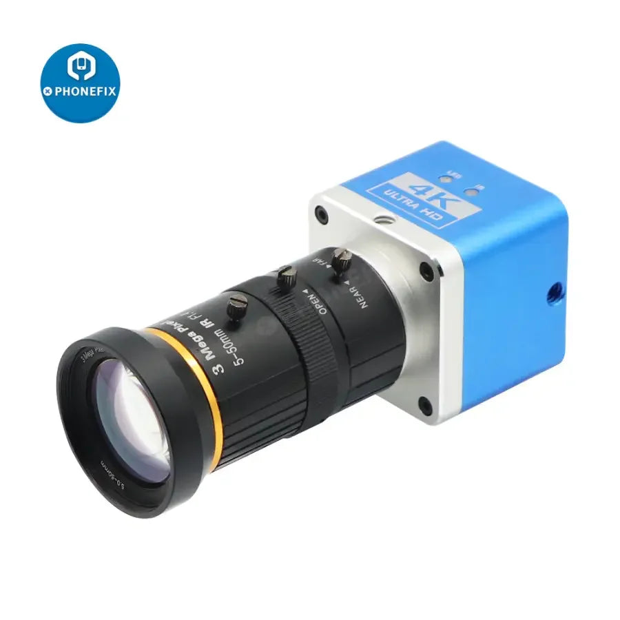 Caméra de streaming en direct PHONEFIX 4K UHD avec capteur CCD, objectif 5-50 mm F1.4, idéale pour l'enregistrement vidéo industriel et professionnel.
