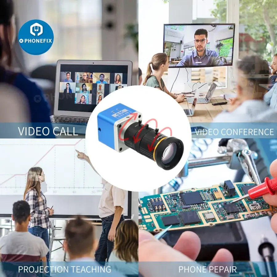 Caméra de streaming en direct PHONEFIX 4K UHD avec détecteur CCD et objectif 5.0-50mm F1.4, idéale pour l'enregistrement vidéo industriel.