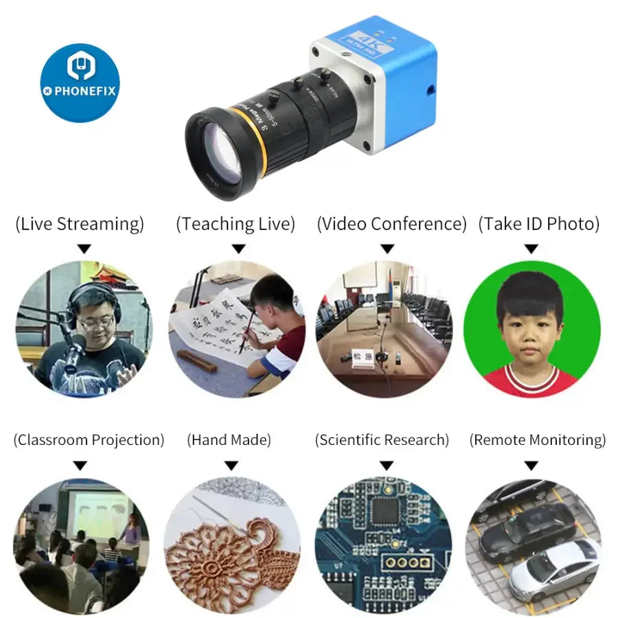 Caméra de streaming en direct PHONEFIX 4K UHD avec détecteur numérique CCD et objectif 5.0-50mm F1.4, adaptée à un usage industriel et professionnel.