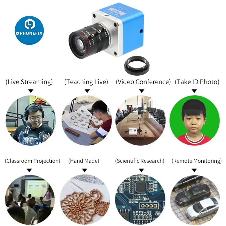 PHONEFIX 4K UHD USB live streaming camera with 6-12mm F1.6 lens for industry digital video recording and streaming.