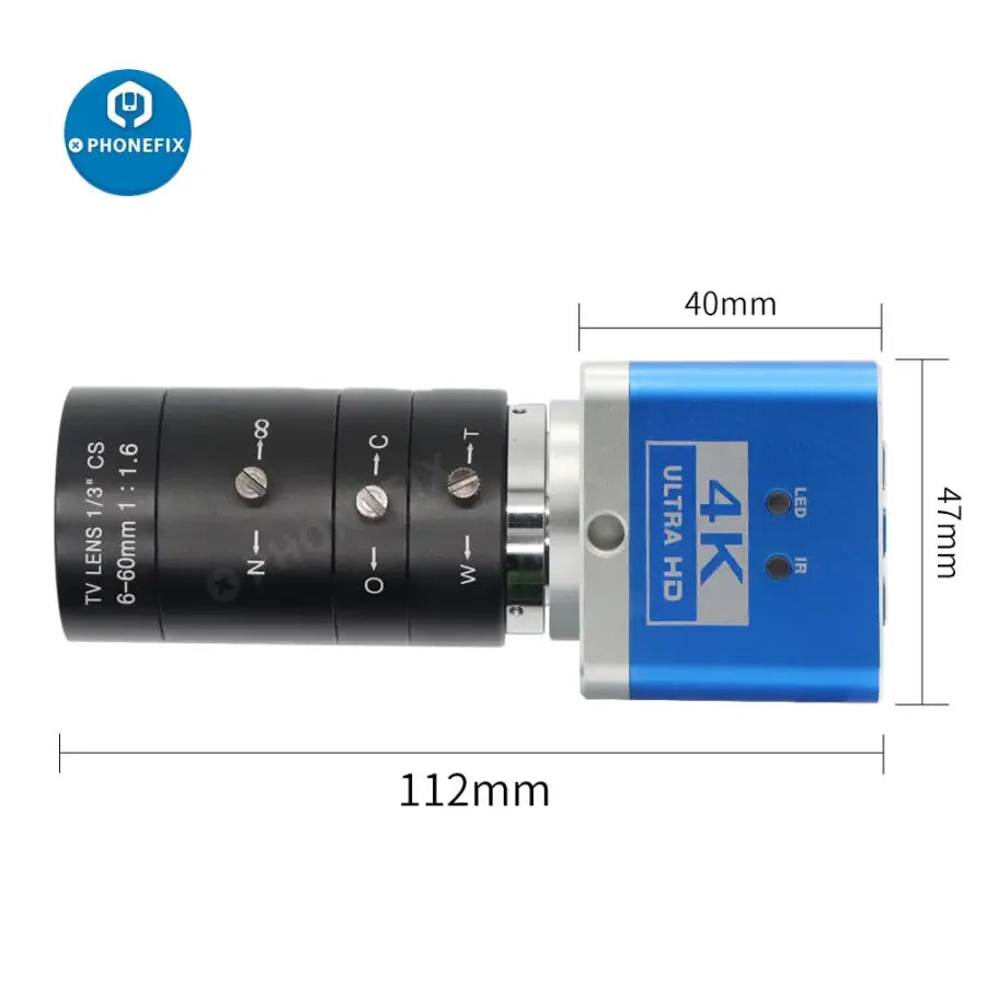 PHONEFIX 4K Ultra HD CMOS live streaming camera with 6-60mm F1.6 lens, ideal for industry and digital video recording.