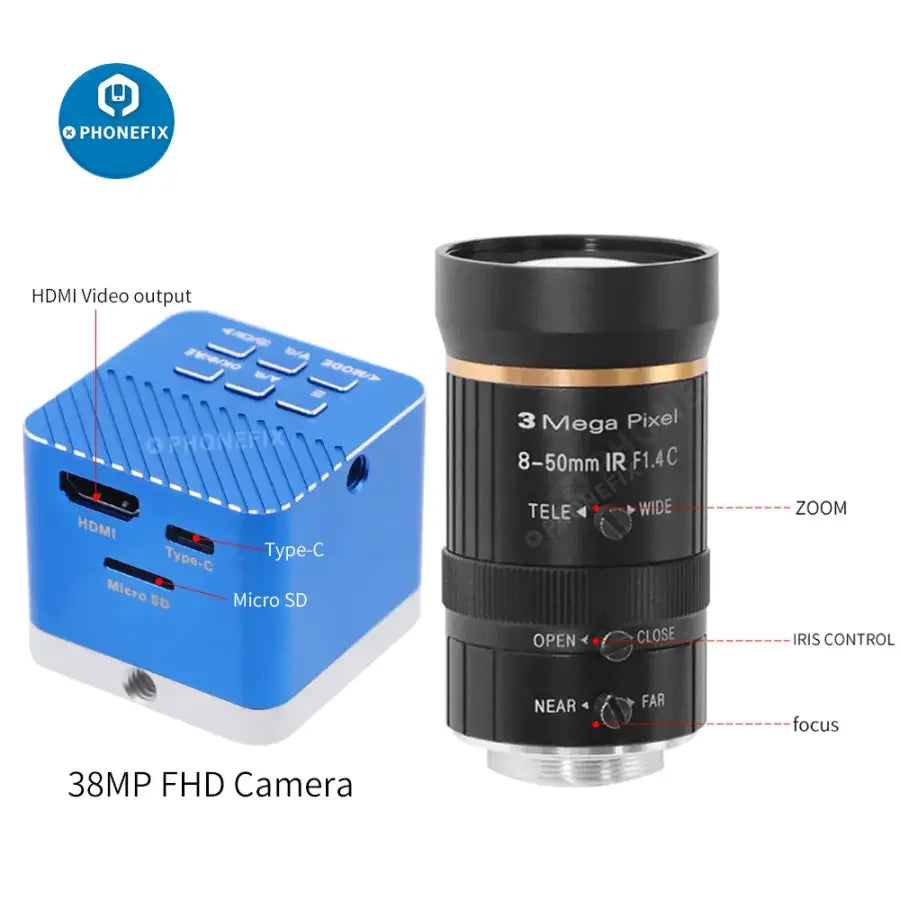 PhoneFIX 4K Ultra HD USB CMOS live streaming camera with 8-50mm lens, ideal for industrial digital video recording.