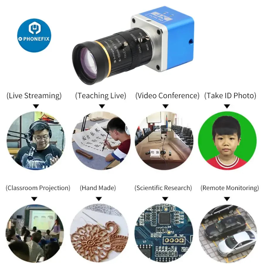 PHONEFIX 4K Ultra HD USB CMOS live streaming camera with 8-50mm lens for industrial digital video recording and streaming.