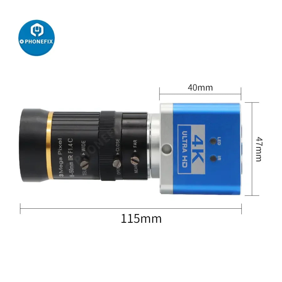 PhoneFIX 4K Ultra HD USB CMOS live streaming camera with 8-50mm lens for industrial and professional digital video recording.