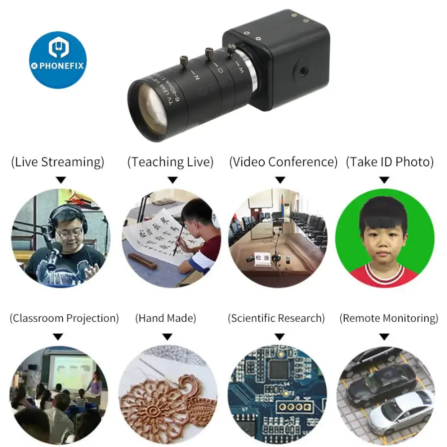 Cámara industrial PHONEFIX con lente de 6-60 mm F1.6, resolución de 2.0 MP, 60 FPS, HDMI 1080p para transmisión en vivo y uso industrial.