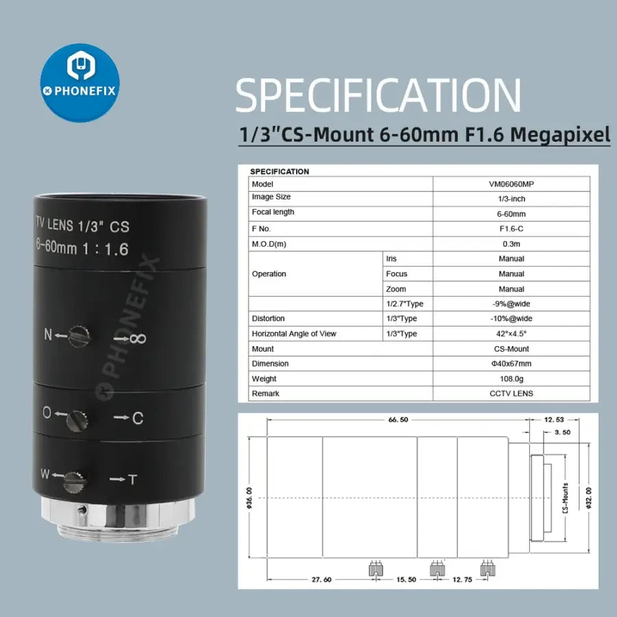 PhoneFIX live streaming camera with 6-60mm F1.6 lens, 2MP resolution, 60FPS, HDMI output for professional video recording
