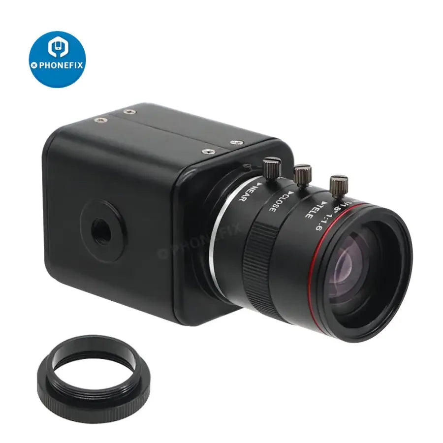 Caméra de streaming en direct PHONEFIX 60FPS avec objectif 6-12mm F1.6 pour la diffusion, montrant l'appareil photo compact et les détails de l'objectif.