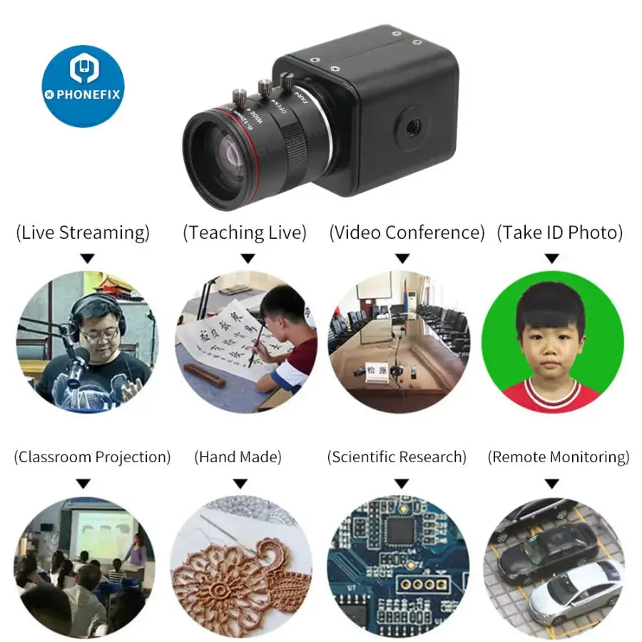 Caméra de streaming en direct PHONEFIX 60FPS avec objectif 6-12mm F1.6, idéale pour la diffusion en direct et l'enregistrement vidéo professionnel.
