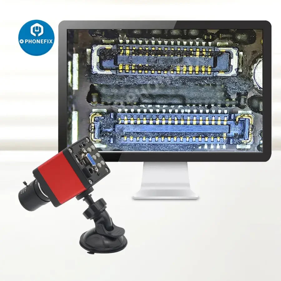 PHONEFIX live streaming camera with suction cup mount stand for microscope repair, designed for secure webcam positioning.