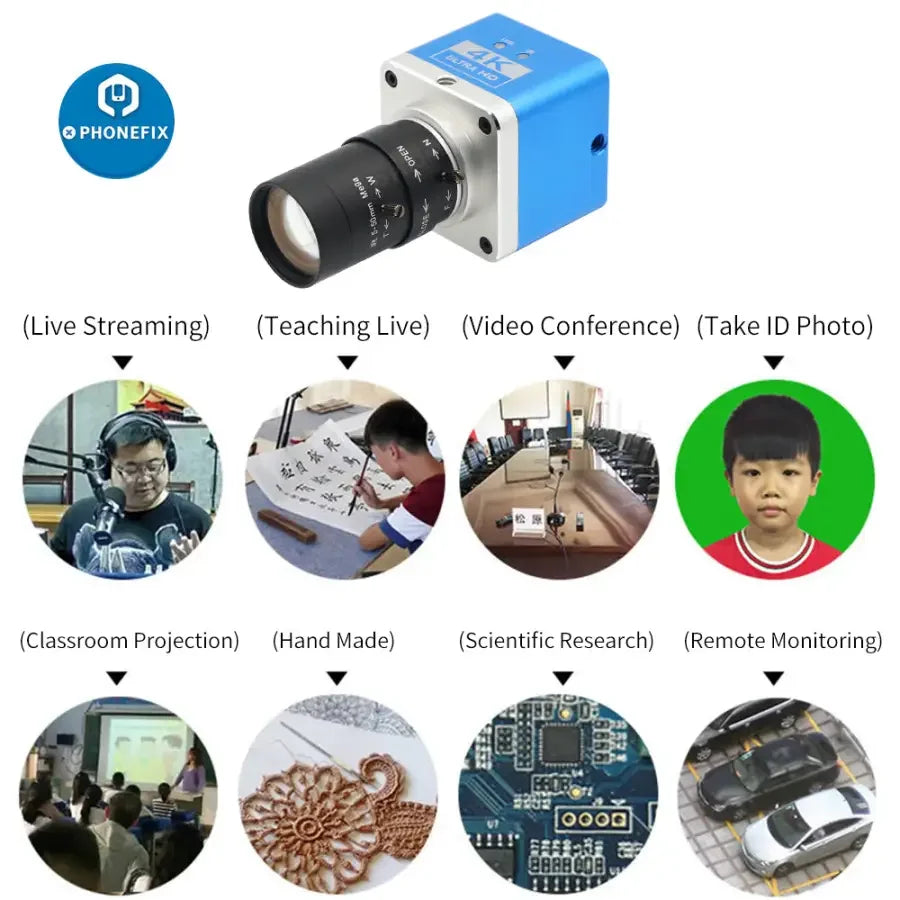 PhoneFIX 4K UHD live streaming camera with 5-50mm F1.6 lens and HDMI output, ideal for industry digital video recording.