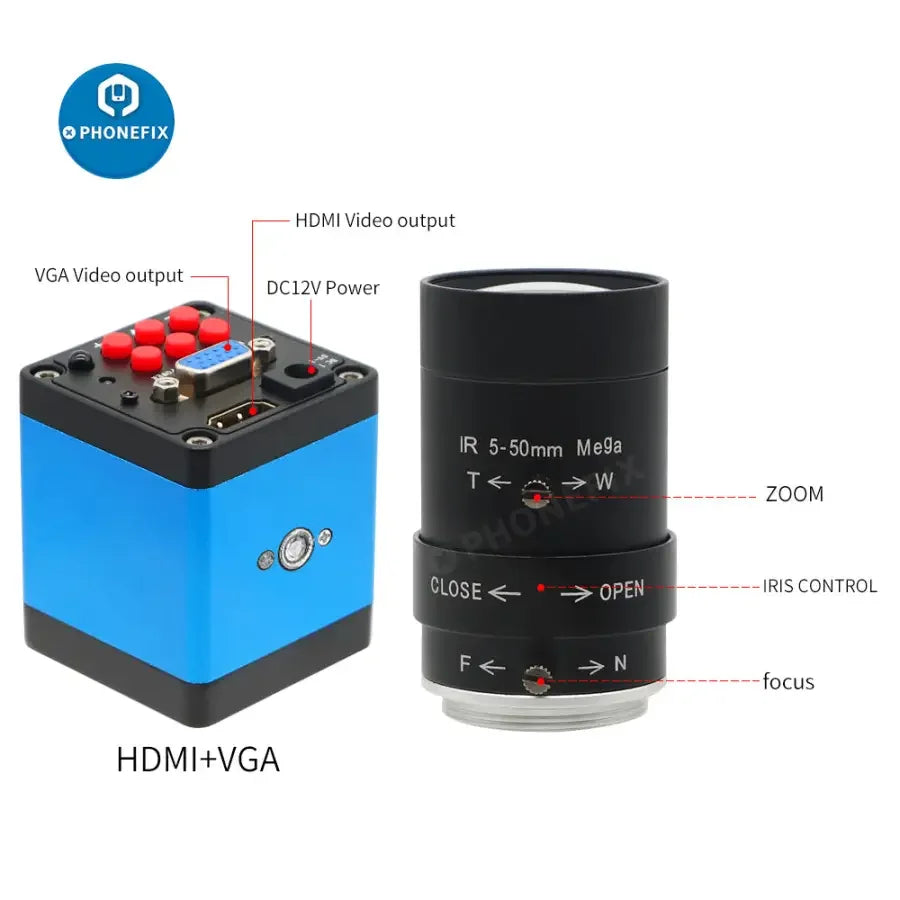 PHONEFIX HDMI VGA live streaming camera with 5.0-50mm F1.6 lens, industry-grade digital webcam for professional video recording
