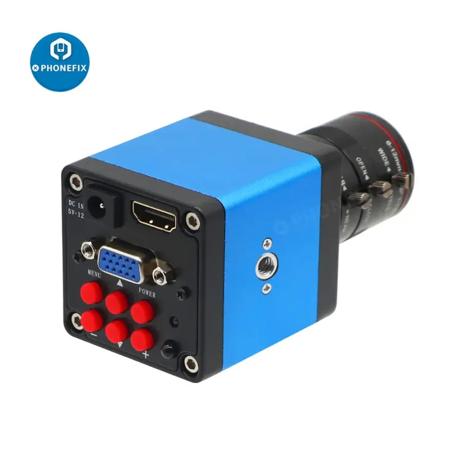 Caméra de streaming en direct HDMI VGA avec objectif 6-12 mm F1.6 de PHONEFIX, conçue pour l'enregistrement et la diffusion vidéo numérique industrielle.