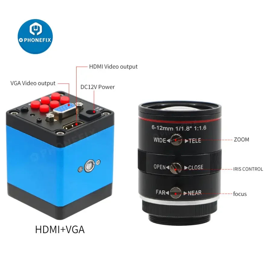 Caméra de streaming en direct Phonefix HDMI VGA avec objectif 6-12 mm F1.6, adaptée à l'enregistrement vidéo numérique industriel.