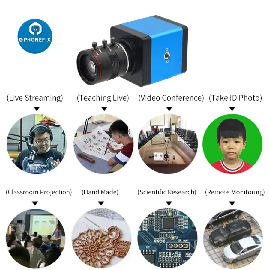 Caméra de streaming en direct HDMI VGA avec objectif 6-12 mm F1.6 de PHONEFIX, utilisée pour l'enregistrement et la diffusion vidéo numérique industrielle.