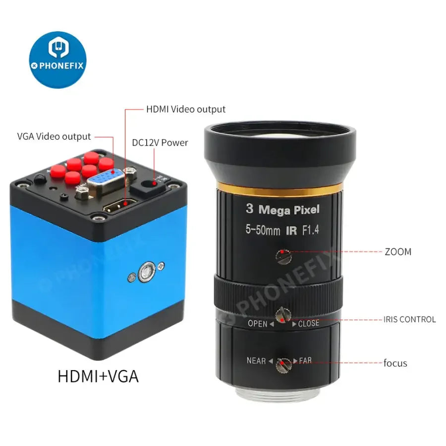 PHONEFIX HDMI VGA industry live streaming camera with 5.0-50mm F1.4 lens, suitable for webcams and webcast recording.