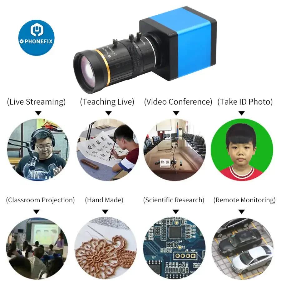 PHONEFIX live streaming camera with HDMI VGA, 5.0-50mm F1.4 lens, industrial webcam for webcast and video recording
