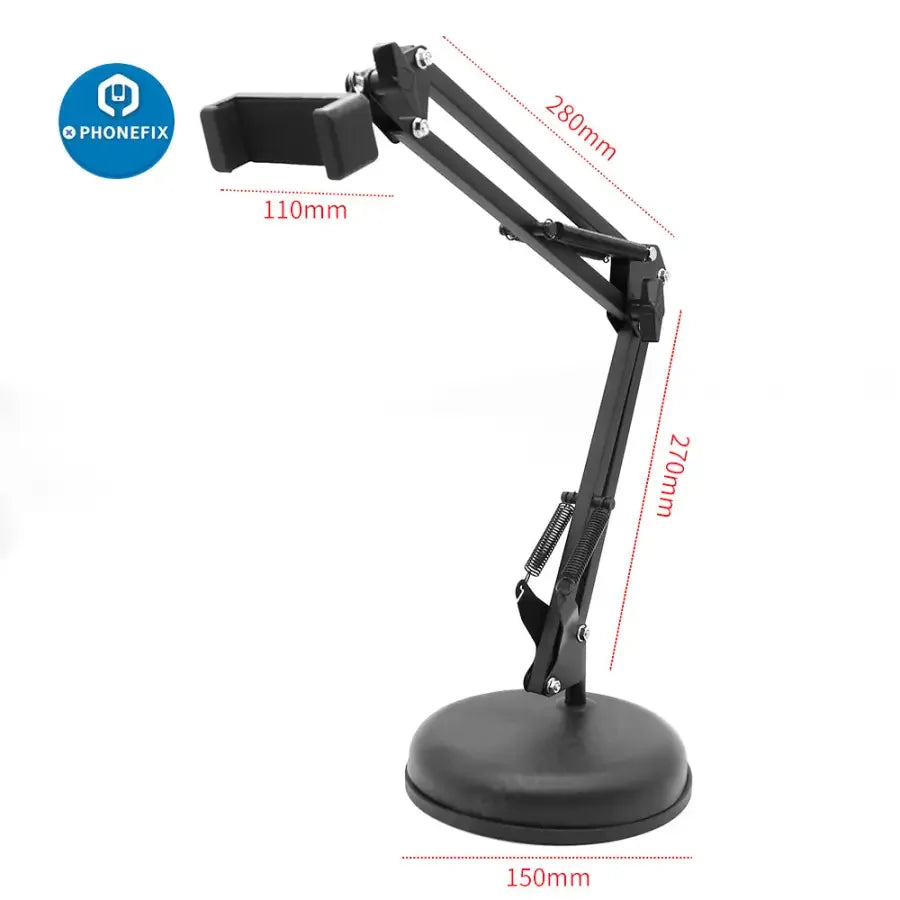 Overhead PhoneFIX live streaming camera stand with articulating arm for studio shooting, holding a phone for video recording.