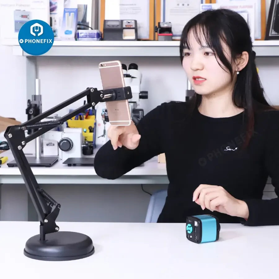 PHONEFIX overhead phone video stand with articulating arm mount for live streaming and studio shooting setups.