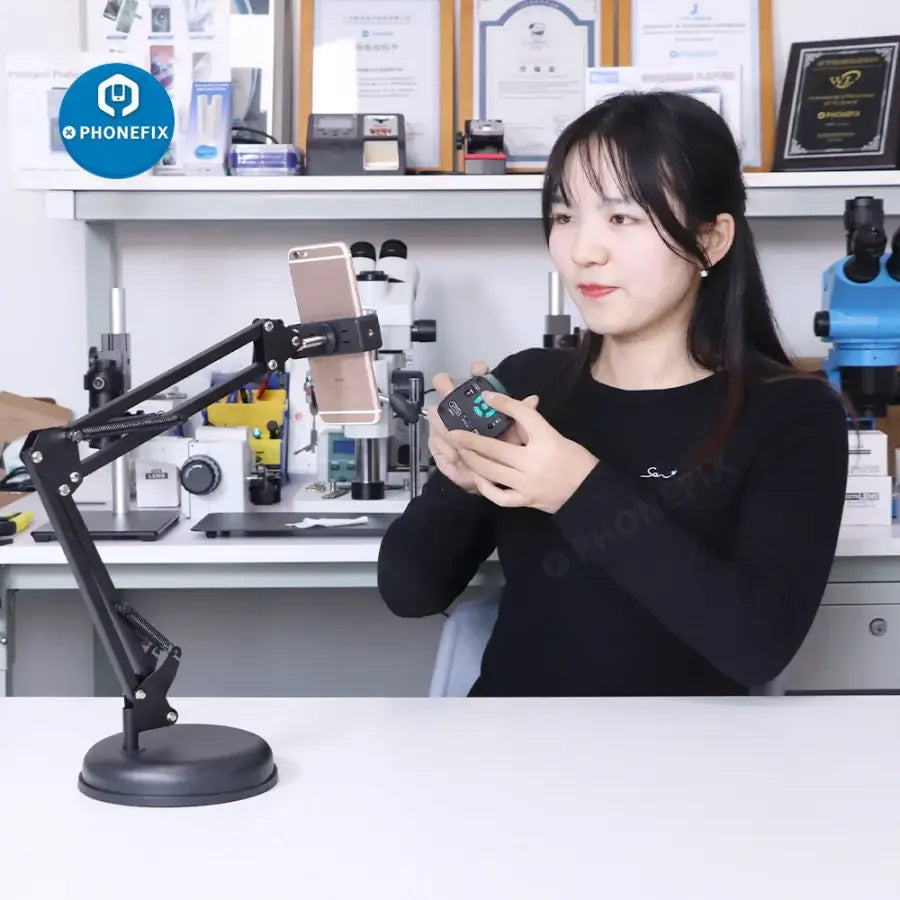 Overhead phone video stand with articulating arm mount for studio shooting, compatible with live streaming cameras by PHONEFIX.