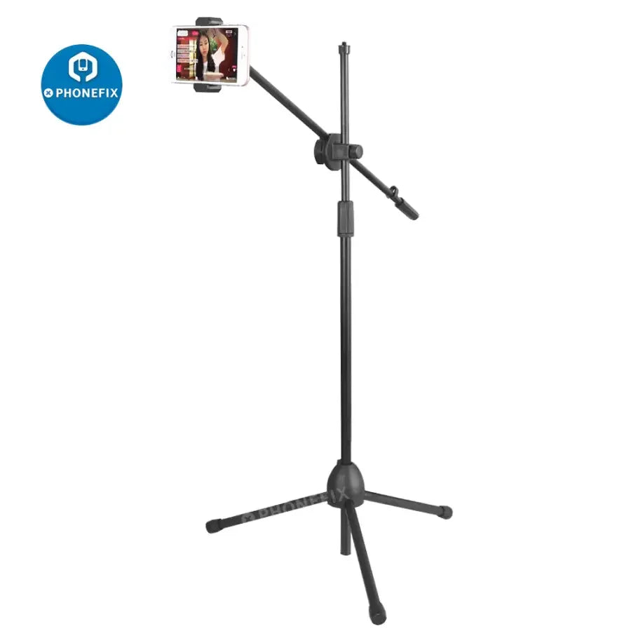 Trípode para webcam de transmisión en vivo PHONEFIX con brazo articulado de 64 cm para cámara industrial y soporte para teléfono, robusto y ajustable para filmación.
