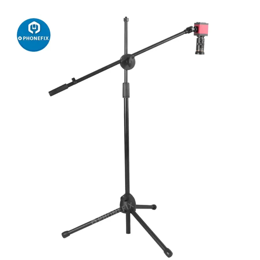 Trépied pour webcam PhoneFIX avec bras articulé de 64 cm, adapté à la configuration de caméras et de supports de téléphone pour la diffusion en direct en milieu industriel.