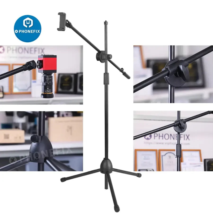 Trépied pour webcam avec bras articulé de 64 cm pour caméra industrielle et support de téléphone, adapté à la diffusion en direct et à une utilisation industrielle.