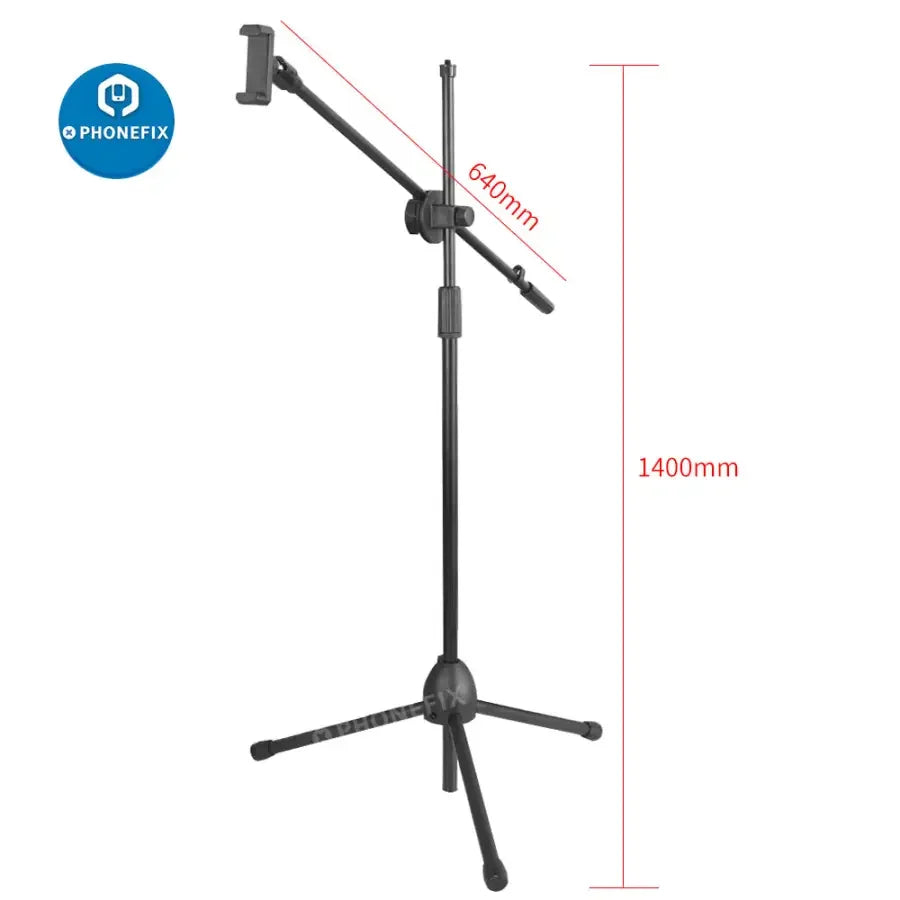 Trépied pour webcam PHONEFIX avec bras articulé de 64 cm pour caméra industrielle et support de téléphone, idéal pour la diffusion en direct et une utilisation industrielle.