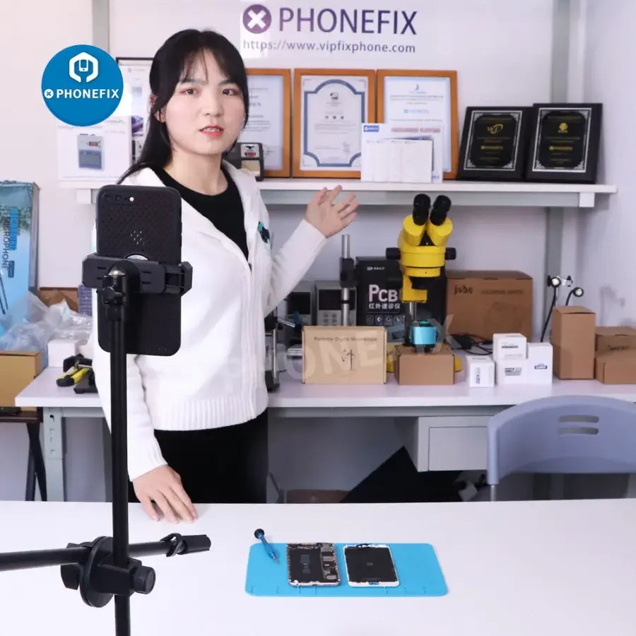 Trépied pour webcam PhoneFIX avec bras articulé de 64 cm, adapté aux caméras de diffusion en direct et aux configurations de caméras industrielles.