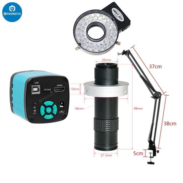 PHONEFIX 4K USB industrial microscope camera with 1-130X lens and cantilever stand for live streaming and detailed macro imaging.