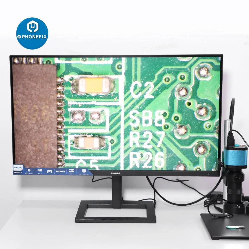 PhoneFIX 4K USB industrial microscope camera with 1-130X lens and cantilever stand for live streaming and detailed inspection.