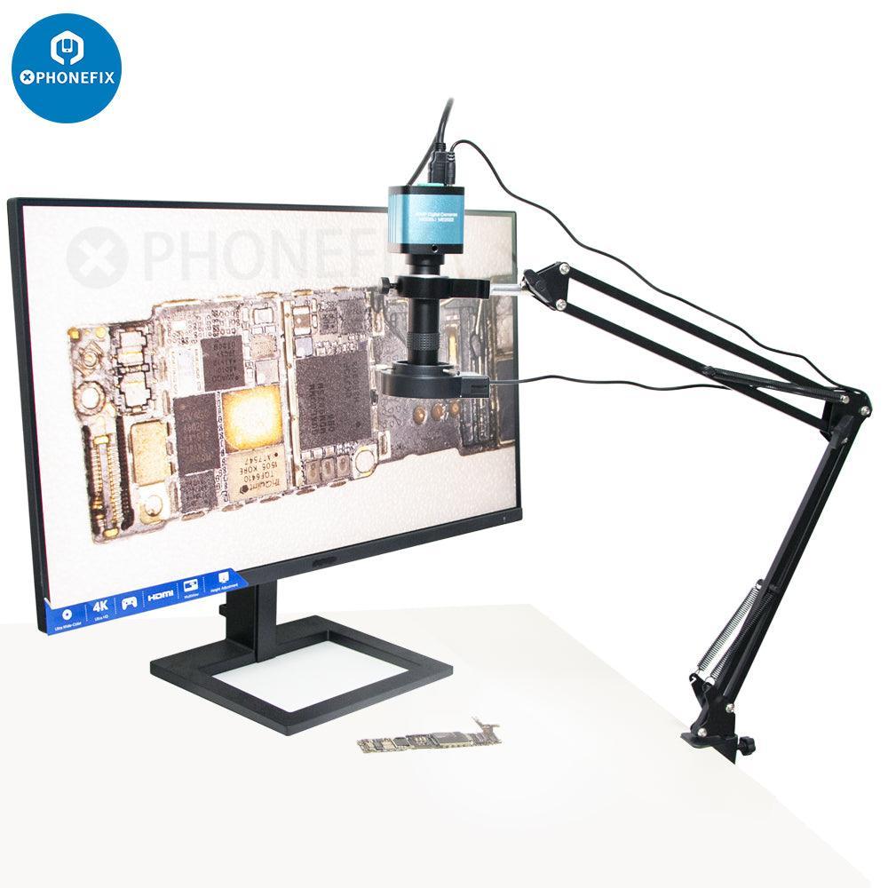 PHONEFIX 4K USB industrial microscope camera with 1-130X lens and cantilever stand, ideal for live streaming and detailed inspections.
