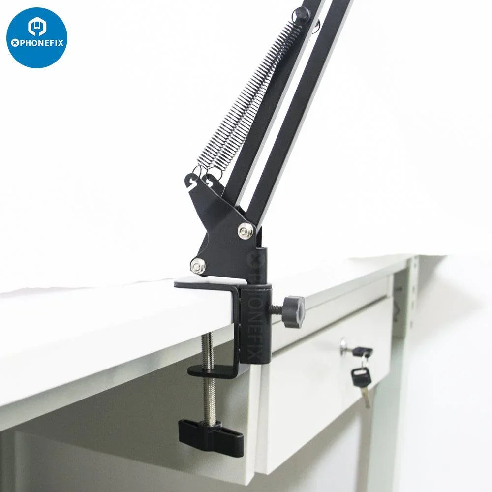 PHONEFIX 4K USB industrial microscope camera with 1-130X lens and cantilever stand, ideal for live streaming and detailed inspection.