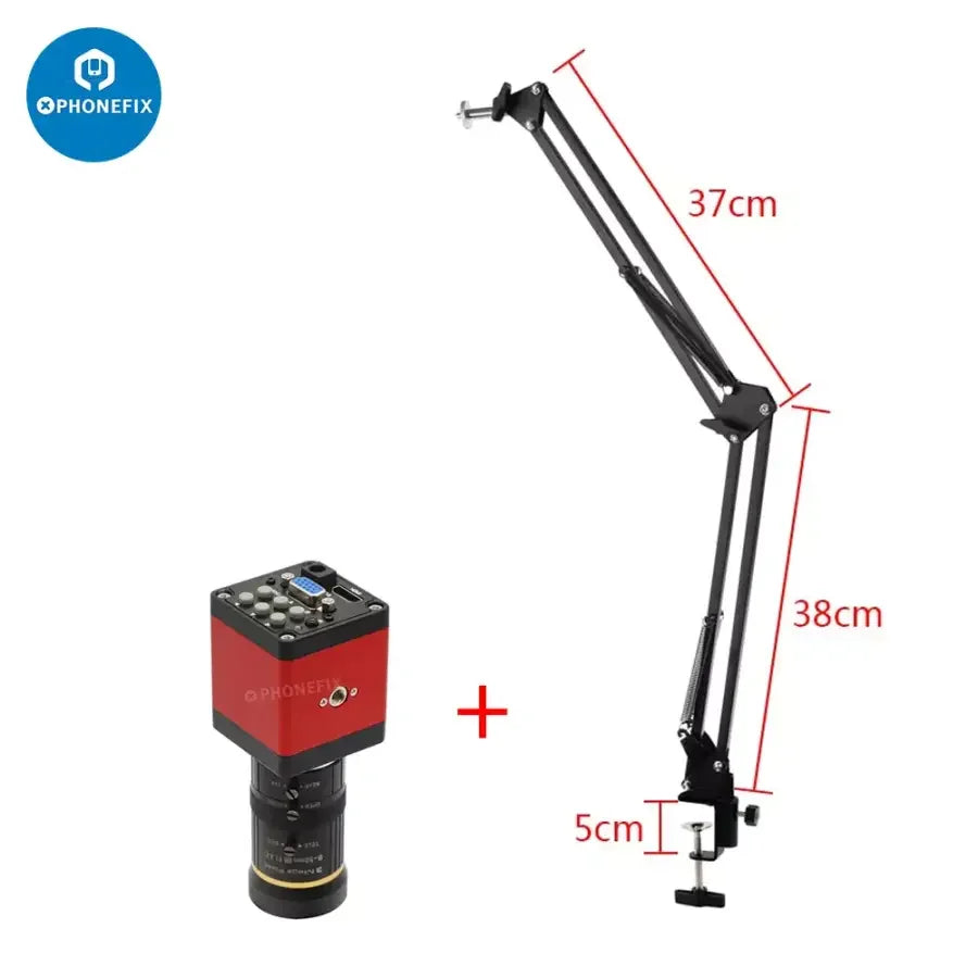 PHONEFIX HDMI VGA digital video microscope camera with 8-50mm fixed focus lens, used for live streaming and detailed microscopic imaging.
