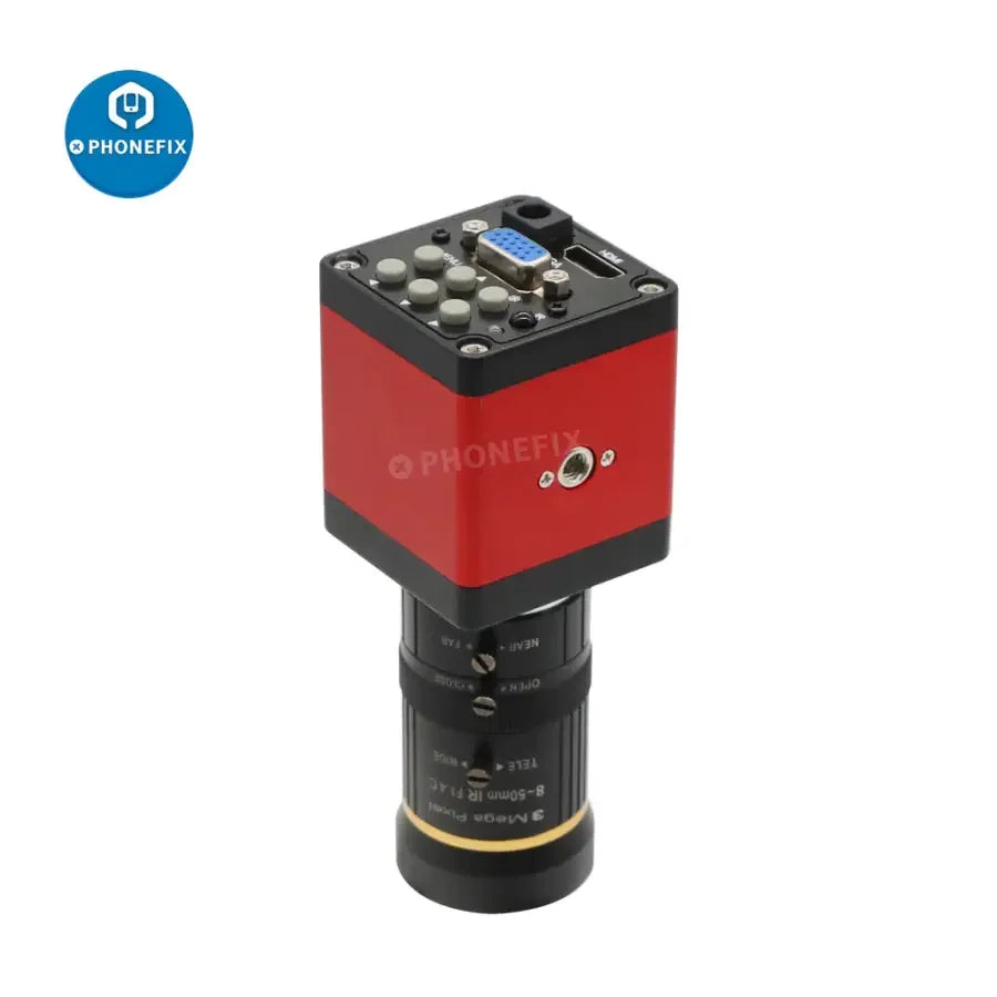 PHONEFIX HDMI VGA digital microscope camera with 8-50mm fixed focus lens, used for live streaming and detailed video inspection.