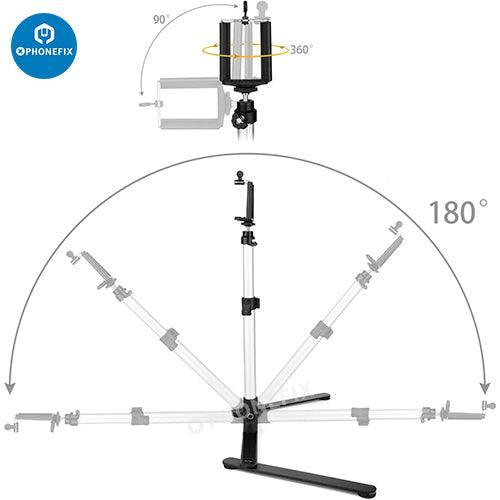 Support vidéo aérien PHONEFIX pour la diffusion en direct et la réparation de téléphones, comprenant un support de copie et un projecteur pour les tutoriels de réparation de téléphones.