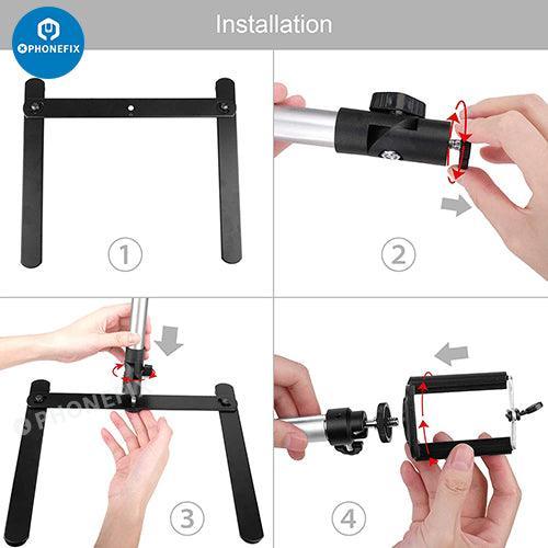 PHONEFIX : support vidéo et projecteur suspendus pour la réparation de téléphones, utilisés comme caméra de diffusion en direct pour une inspection détaillée des téléphones.