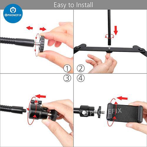 Support vidéo aérien et support de copie PhoneFix pour la diffusion en direct et la réparation de téléphones, avec projecteur intégré pour un travail de précision.