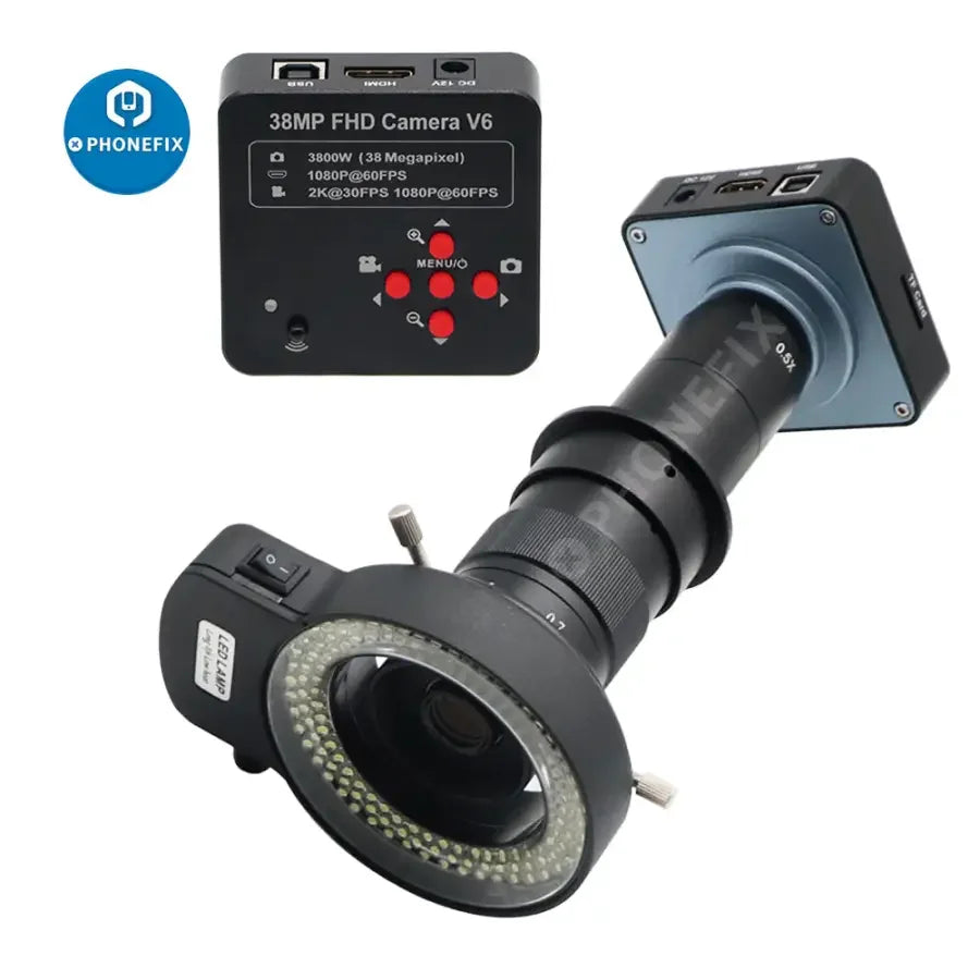 Cámara de microscopio PHONEFIX de 38 MP, 1080p Full HD, HDMI, USB, con lente de montura C de 180 aumentos y luz incorporada para transmisión en directo e imágenes detalladas.