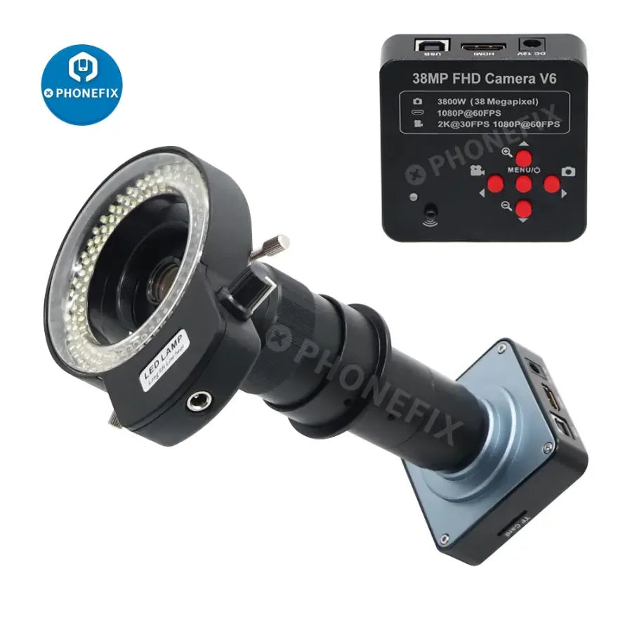 Cámara de microscopio PHONEFIX de 38 MP, 1080p Full HD, HDMI, USB, con zoom de 180 aumentos, lente con montura C y luz incorporada para transmisión en directo y microscopía.