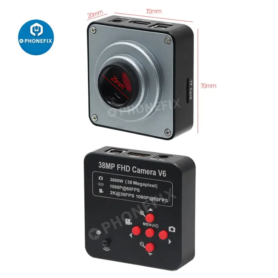 PHONEFIX 38MP 1080P FHD HDMI USB microscope camera with 180X C-mount lens and light for live streaming and detailed viewing.