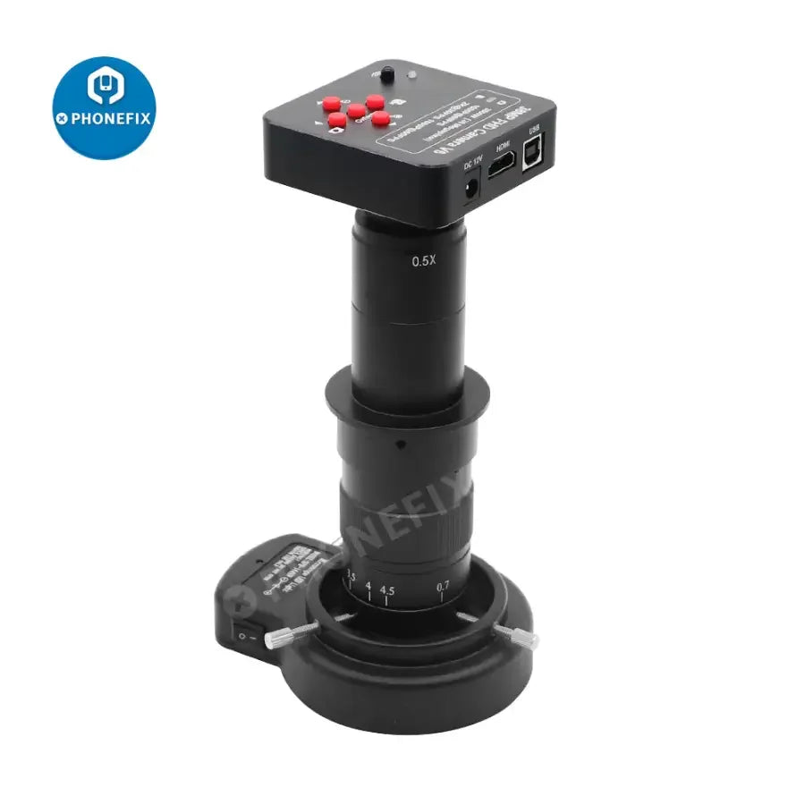 PHONEFIX 38MP 1080P FHD HDMI USB microscope camera with 180X C-mount lens and built-in light for live streaming and detailed imaging.