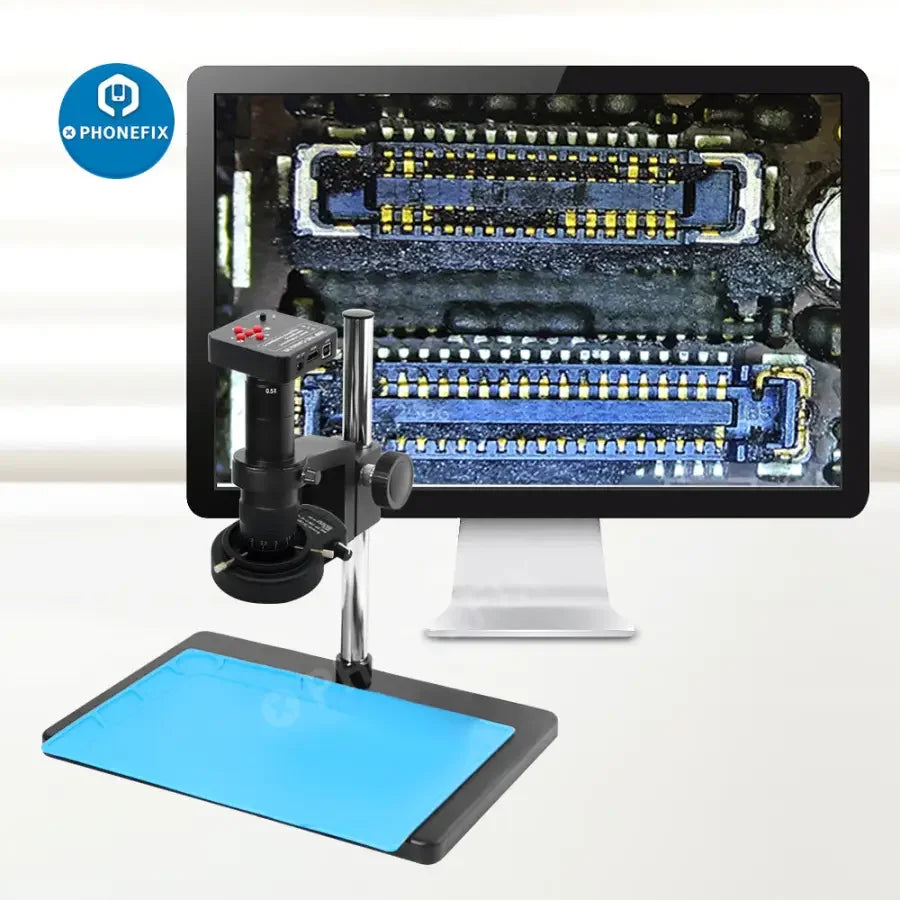 PhoneFIX 38MP 1080P FHD HDMI USB microscope camera with 180x C-mount lens and built-in light for live streaming and detailed inspection.