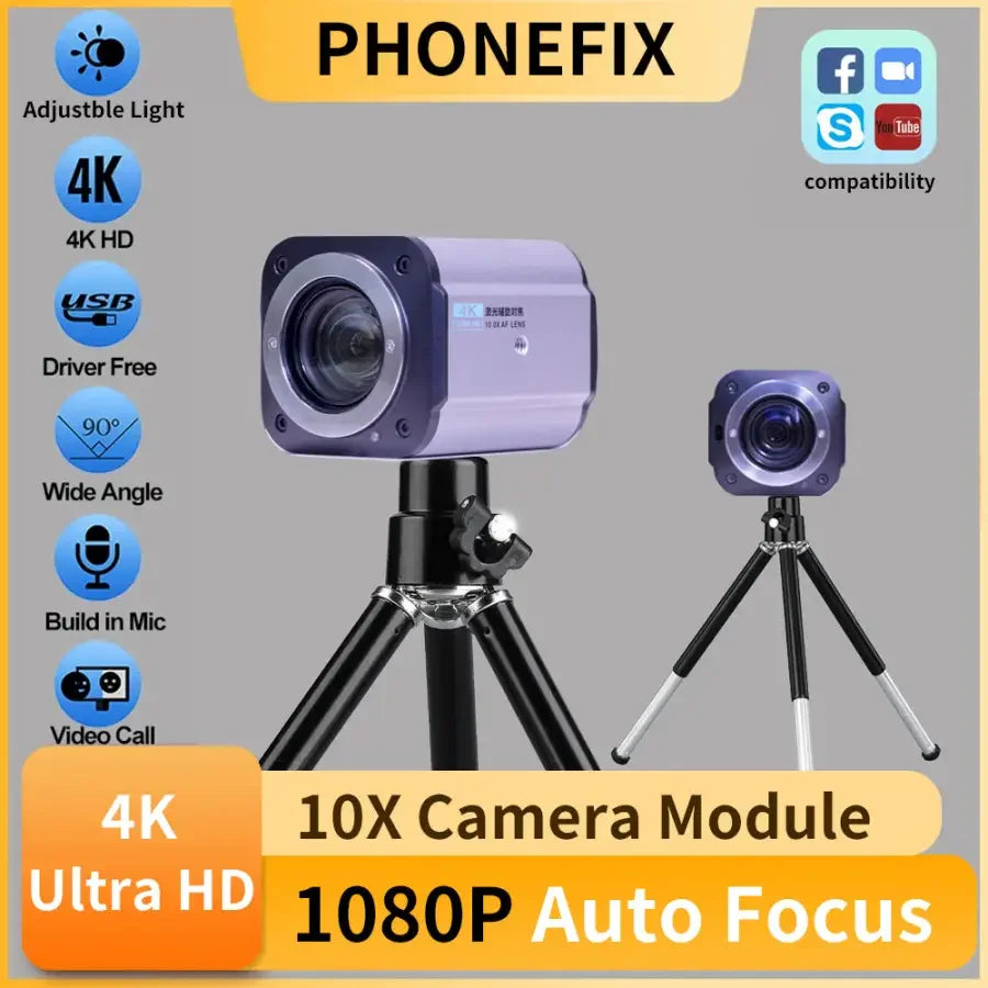 PHONEFIX 10X auto-focus 1080P live streaming camera module showing lens and compact design for live broadcasts.